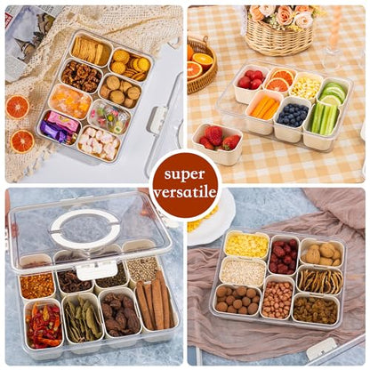 Divided Snack Serving Tray with Lid and Handle Travel Snackle Charcuterie Container Portable Storage Organizer for Candy, Fruits, Nuts, Snacks, Party, Picnic 2 Packs White