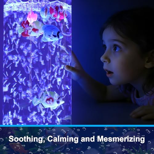 3.6FT Sensory Bubble Lamp, 9 Floating Fish, 16 Color LED | Remote control, 120mm extra-wide tube, 3-speed bubbles; for bedroom, living room, office and sensory room