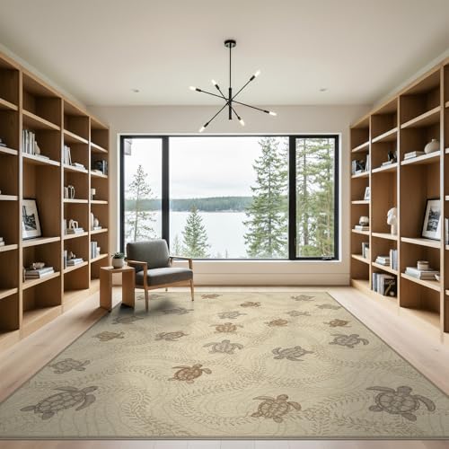 9'x12' Washable Flatwoven Rug, Tan Beachy Sea Turtle Stain Resistant Massive Carpet Non-Slip Chair-Friendly Mat for Dining Room, Basement, Large Office | Ref:1955151 - color: Beige/Pattern 21, size: 9' x 12' (Rectangular)