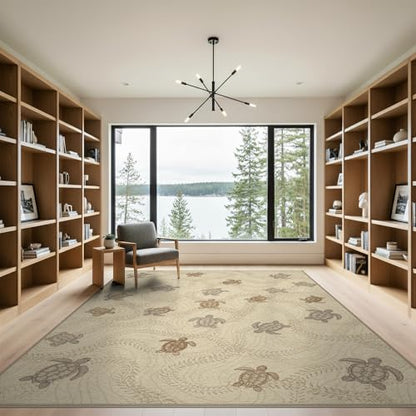 9'x12' Washable Flatwoven Rug, Tan Beachy Sea Turtle Stain Resistant Massive Carpet Non-Slip Chair-Friendly Mat for Dining Room, Basement, Large Office | Ref:1955151 - color: Beige/Pattern 21, size: 9' x 12' (Rectangular)