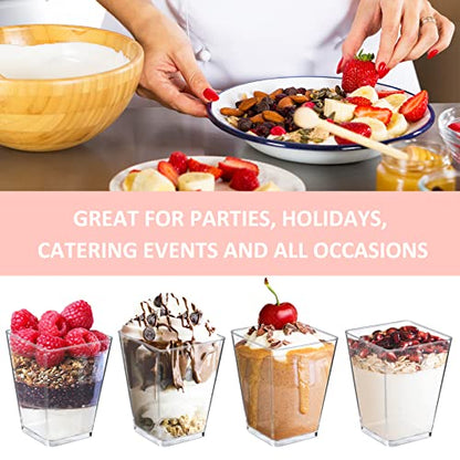 Eupako 125 Pack 5 OZ Plastic Mini Dessert Cups with Spoons - Clear Small Parfait Cups, Square Appetizer Cups for Fruit, Pudding, Mousse, Ice Cream, Party, Wedding, Valentine's Day - color: 125 Cups+125 Spoons