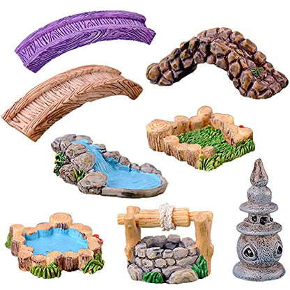 8 Pcs Mini Lighthouse Water Well Bridge Figurines Miniature Gardening Pool Lawn Running Water Terrarium Stone Bridge Figurine Micro Landscape Indoors Outdoors Decorative Accessory