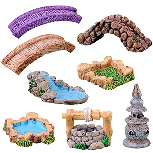 8 Pcs Mini Lighthouse Water Well Bridge Figurines Miniature Gardening Pool Lawn Running Water Terrarium Stone Bridge Figurine Micro Landscape Indoors Outdoors Decorative Accessory
