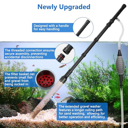 AQQA Gravel Vacuum for Aquarium Siphon - Adjustable Flow Fish Tank Cleaner with Handle, Manual Siphon Pump Water Changer Sand Rock Suction Cleaner, Upgraded Hard Hose with Threaded Connection (L) - size: L for tanks under 34" deep