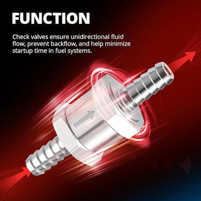 EVIL ENERGY 1/4" 5/16" 3/8" 1/2" Check Valve Set (6mm 8mm 10mm 12mm), 4 Pcs One Way Fuel Check Valve for Fuel, Diesel & Coolant, Silver