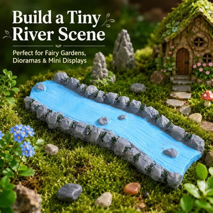 jojofuny 2 Pcs Miniature Resin Stream for Fairy Garden Decor, Hand-Painted Mini River Scene with Rock Edges, Blue Creek Diorama Accessory for Dollhouse Garden, Sand Tray Display, Model Landscape Craft