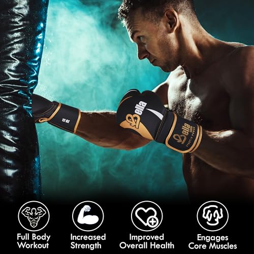 Bella Boxing Gloves - Pro Training & Sparring Gloves, Maya Hide Leather, Men Women Adult, Muay Thai MMA Kickboxing Workout, Heavy Punching Bag & Focus Mitts, Multi Layer Padding, Ventilated Palm - color: Golden, size: 8oz