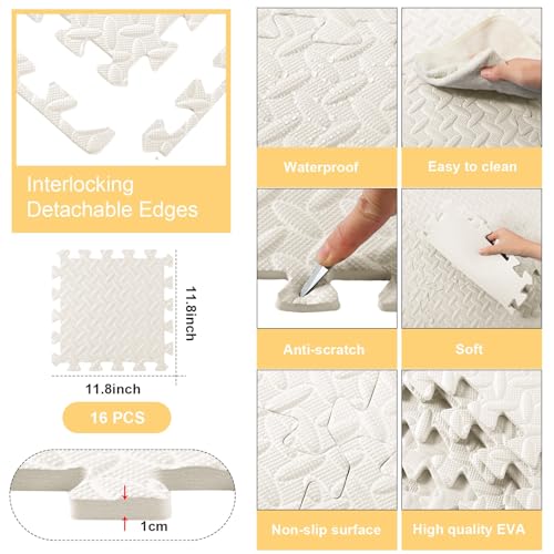Shihanee 16 Foam Floor Interlocking Tiles, 11.8 x 11.8 Inch, Ivory White - color: Ivory White