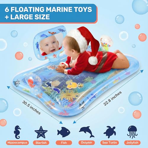 Inflatable Tummy Time Water Mat with Mirror – Portable Baby Play Mat for 0–12 Month Infants, Strengthen Muscles & Promote Sensory Development, Gift for Boys & Girls