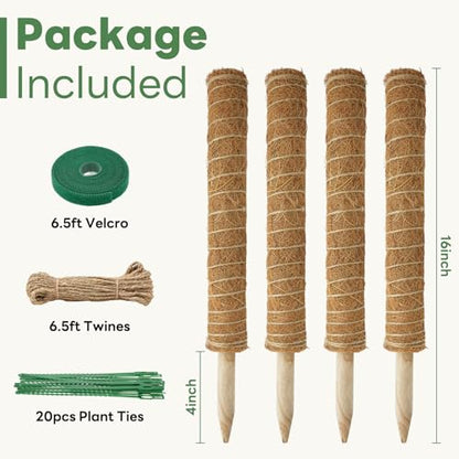 Moss Pole for Plants Indoor - 4 Pack Plant Supports for Climbing Plants to Grow Upright - 16 inch Stackable Moss Sticks Coir Totem Pole Plant Support for Monstera Pothos Philodendrons Potted Plants