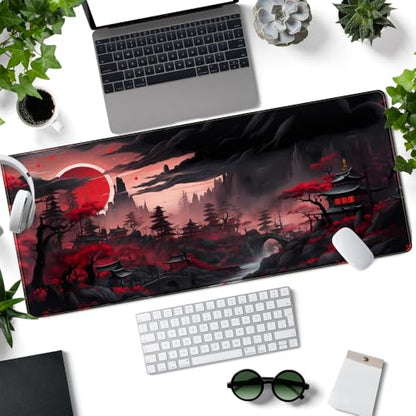 Riverside Full Moon Desk Pad Black Red Desk Mat Japanese Anime Extended XXL Keyboard Pad for Desk Gaming Computer Laptop Office Mouse Pad with Stitched Edges Non-Slip Large Computer Mat 31.5x11.8 in - color: Red Night