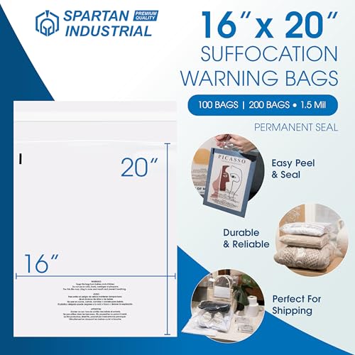 Spartan Industrial - 16" X 20" (100 Count) Self-Seal Clear Poly Bags With Suffocation Warning for Packaging, Blankets, Clothing - Permanent Adhesive - size: 16" X 20"