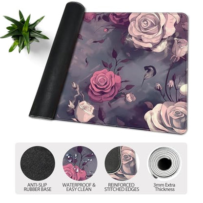 35.4 x 15.7 in, XXL Large Mouse Pad for Desk, Extended Keyboard Mouse Mat for Computer Office, Big Mouse pad with Stitched Edges, Gaming Pc-Skull red Pink Rose Butterfly - color: Skull red Pink Rose Butterfly