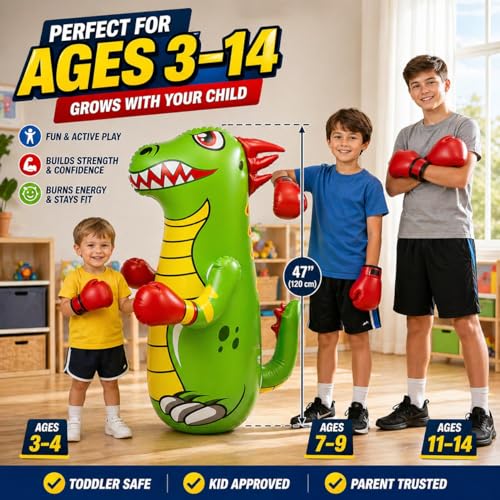 47 Inch - Inflatable Punching Bag for Kids - Dinosaur Bop Bag Toy with Fast Bounce Back Action - Durable Punching Toy for Age 3-14 - Fill Base with Water or Sand for Stability