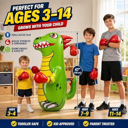 47 Inch - Inflatable Punching Bag for Kids - Dinosaur Bop Bag Toy with Fast Bounce Back Action - Durable Punching Toy for Age 3-14 - Fill Base with Water or Sand for Stability