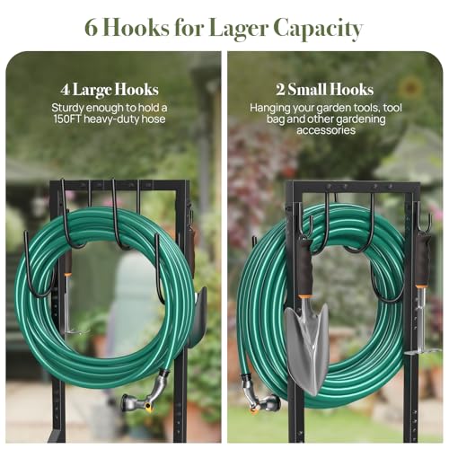 Garden Hose Holder, Metal Freestanding Hose Stand with 4 Spikes, Holds up to 150FT Hose, Sturdy Hose Reel Alternative, Heavy Duty Hose Storage for Outside Yard Lawn - color: Black-double