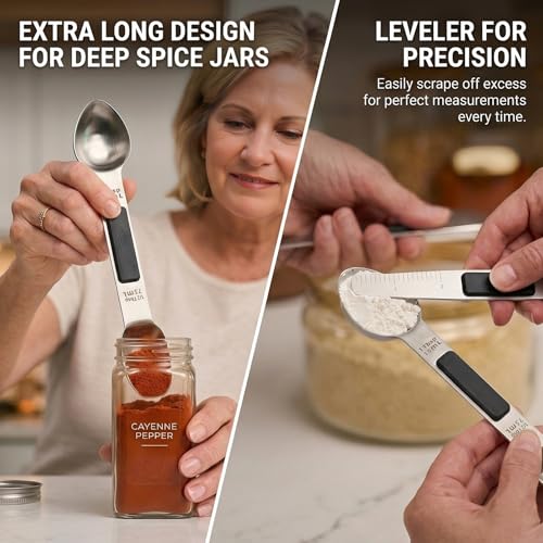 Magnetic Measuring Spoons,Stainless Steel Dual Sided Tablespoons,Extra Long Handle for Deep Jars,Heart-Shaped&Square Heads that More Easier to Excavate,Laser Markings,Non-Slip Grip(set of 5)