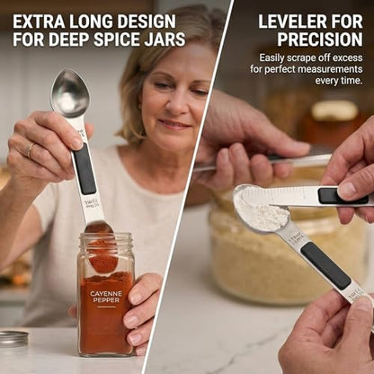 Magnetic Measuring Spoons,Stainless Steel Dual Sided Tablespoons,Extra Long Handle for Deep Jars,Heart-Shaped&Square Heads that More Easier to Excavate,Laser Markings,Non-Slip Grip(set of 5)