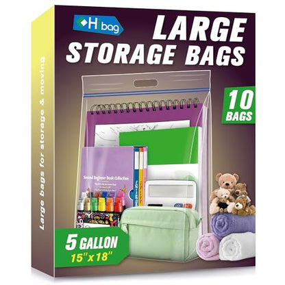 HIBAG 5 Gallon Large Storage Bags, 15” x 18” Resealable Clear Bags with Handle, Extra Large XL Heavy Duty for Clothes Pillow Travel Moving, Pack of 10 - size: 5 gal - 10 pack