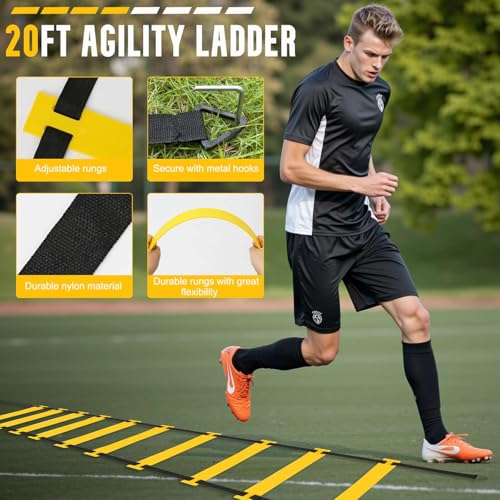 Agility Ladder, Soccer Training Equipment Set, 4 Agility Hurdles, 20ft Speed Ladder, Running Parachute, 12 Football Cones, Jump Rope | Soccer Basketball Athletes Speed Training - color: Yellow