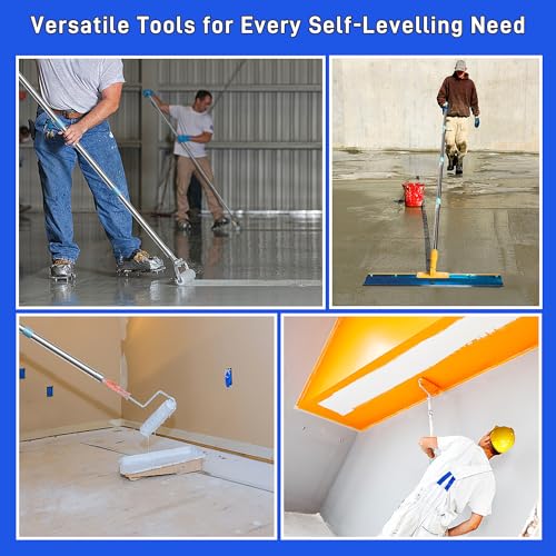 Self Leveling Cement Tool Kit- Epoxy Floor Tool Kit Includes Self-Leveling Rake, 2 Spiked Roller, 2 Flooring Construction Painter Roller, 16“-63” Telescopic Poles, Epoxy Spike Shoes and Gloves