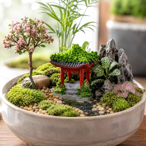 8 pcs Chinese Pavilion Pagoda with Glass Micro Landscape Dollhouse Decoration Japanese Miniature Pagoda Statue Tabletop Fairy Garden Decoration
