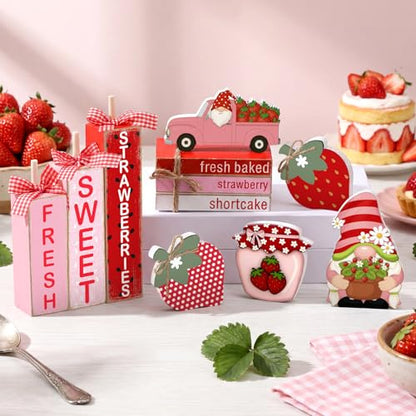 11 Pcs Strawberry Table Decorations Set Strawberry Tiered Tray Decor Spring Summer Wooden Top Farmhouse Rustic Wooden Coffee Table Centerpieces for Home Kitchen Office Decorations - style: Strawberry