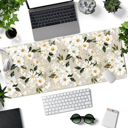 Daisy Floral Daisies Large Mouse Pad Watercolor Flowers Desk Mat, Washable Mousepad LYC Cloth Stitched Edges Women Girls Gaming Mousepad Computer Pc Laptop Desk Mat 31.5 X 11.8 in - color: Beige