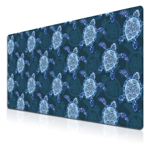 Computer Desk Mat Blue Mats, Gaming Mouse Pads Big Mouse Pad, Desk Pads Large Non-Slip Rubber Base Waterproof with Stitched Edges, 35.4 X 15.7 inch for Work/Game/Office/Home Turtle Pattern - color: Blue Turtle Pattern
