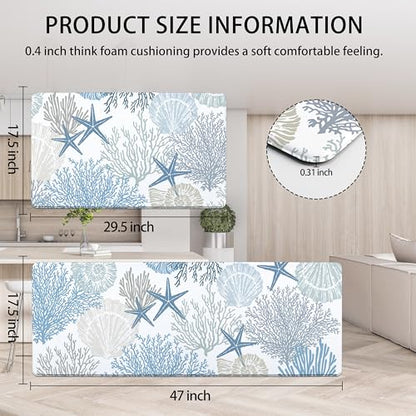 Coastal Kitchen Rugs and Mats Set of 2 Beach Nautical Blue Kitchen Decor Anti Fatigue Cushioned Kitchen Floor Mats Non Slip Waterproof Standing Mat for Laundry Office
