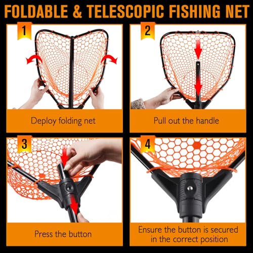 Rubber Fishing Landing Nets Telescopic Handle Nets Folding Nets with Collapsible Handle for Catch & Release Fishing Gift 17.6" dia-13.7" Depth Black/Orange