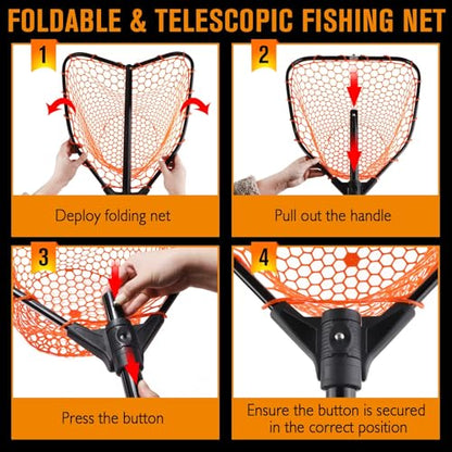 Rubber Fishing Landing Nets Telescopic Handle Nets Folding Nets with Collapsible Handle for Catch & Release Fishing Gift 17.6" dia-13.7" Depth Black/Orange