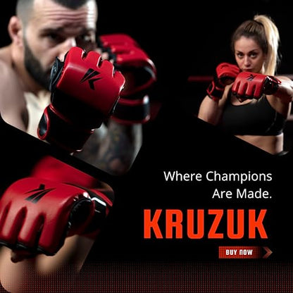 Kruzak MMA Gloves, Half-Finger Boxing Mitts with Hand Wraps - color: Red, size: Large-X-Large