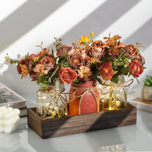 3 Pcs Mason Jar Centerpiece Table Decorations for Dining Table Decor Farmhouse Coffee Table Decor with Wood Tray and Led Light Table Centerpieces for Dining room Kitchen Living Bathroom,Orange