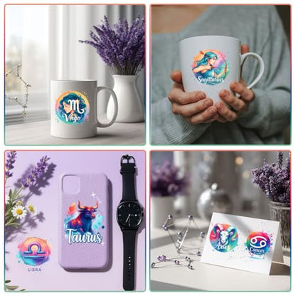 12 Sheets Zodiac UV DTF Stickers for 16 OZ Glass Cups, 12 Constellation UV DTF Cup Wraps Waterproof PVC Transfer Stickers for DIY Laptop Phone Case Decor - style: Zodiac