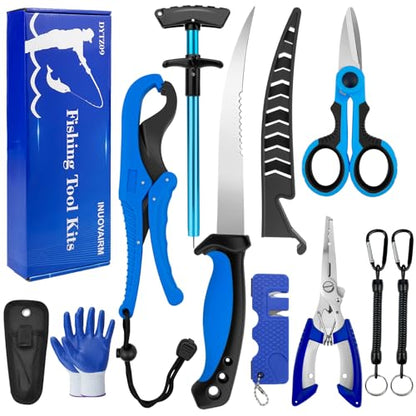 Fishing Gear, 9 PCS Fishing Tool Kit, Fishing Accessories with Fillet Knife, Fishing Pliers, Hook Remover, Scissors, Fish Lip Gripper, Retractor, Sharpener, Gloves, Fishing Gifts for Men