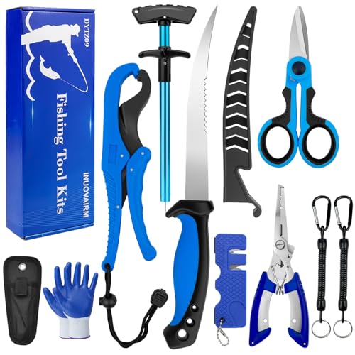 Fishing Gear, 9 PCS Fishing Tool Kit, Fishing Accessories with Fillet Knife, Fishing Pliers, Hook Remover, Scissors, Fish Lip Gripper, Retractor, Sharpener, Gloves, Fishing Gifts for Men