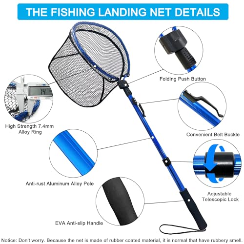 LBW Collapsible Fishing Net with Handle, Folding Kayak Net for Freshwater or Saltwater, Trout Catfish Bass Compact Rubber Landing Net - color: Telescopic Pole