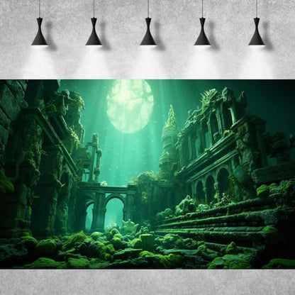 Underwater Aquarium Background Undersea Roman Building with Plants Around Seabed Fish Tank Background Underwater Building Stone with Moss Terrarium Background Undersea Aquarium Backdrop 30x12in - color: Ocean Green, size: 30(W)x12(H)in