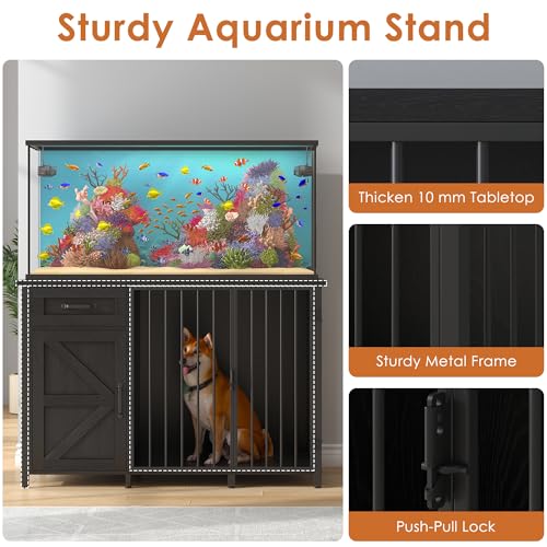 55-75 Gallon Fish Tank Stand with Dog Crate, Multifunctional Aquarium Stand with Cabinet and Power Outlets for Larger Aquariums and Versatile Use (Black) - color: Black, size: 48.8"L x 19.7"W x 32.7"H