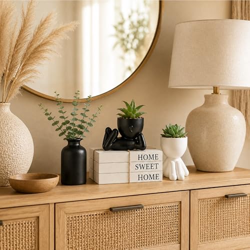 4PCS Farmhouse Home Decor Set, 3Pcs Faux Books + 2Pcs Fake Succulents Plants + 1Pcs Ceramic Vase with 5Pcs Eucalyptus Stems, for Room Shelf Table Decor Aesthetic Indoor