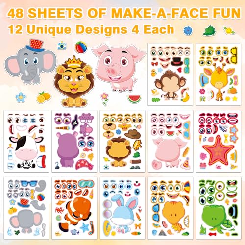 48 Pcs Make-a-Face Sticker Sheets for Kids 12 Animal Designs for Party Favors Crafts Activities & Goodie Bag Stuffers - style: Cute Animals