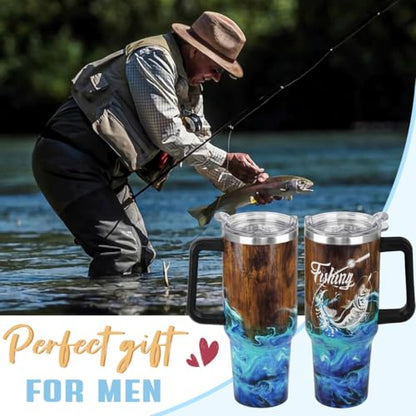Fishing Tumbler Gifts for Papa Dad Husband Fisherman Fathers Day,Anniversary,Christmas,Birthday Fish Cup Coffee Travel Mug with Handle and Straw-40 oz Wood Grain Fishing(1PCS)