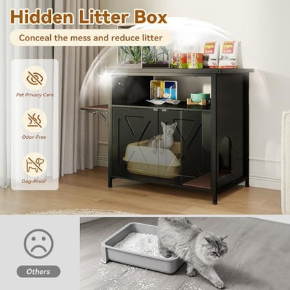 40-50 Gallon Fish Tank Stand with Hidden Cat Litter Box Enclosure Furniture, Cat Viewing Aquarium Stand with Storage Shelf & Side Cat Perch, 36.2"x20.5" Tabletop, 660 LBS Capacity - color: Black