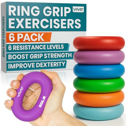 Vive Hand Strengthener Grip Ring - Forearm Ring Hand Exercisers - Silicone | Squeezer Gripper for Muscle Strengthening Training Tool - Arthritis Finger Physical Therapy PT Kit Trainer - color: Multicolor (6 Pack)
