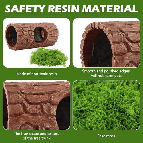 Reptile Hide Cave, Resin Hollow Tree Trunk Hideout with Faux Moss Set, Reptile & Amphibian Habitat Hideouts, for Arboreal Reptiles, Hermit Crabs, Leopard Gecko, Lizard Terrarium Decor