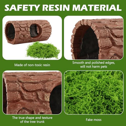 Reptile Hide Cave, Resin Hollow Tree Trunk Hideout with Faux Moss Set, Reptile & Amphibian Habitat Hideouts, for Arboreal Reptiles, Hermit Crabs, Leopard Gecko, Lizard Terrarium Decor