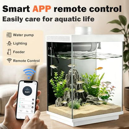 5 Gallon Smart Aquarium Kit, APP Control, Auto Feeder, LED Light, Self-Cleaning Filter, Glass Desktop Tank for Betta/Tetra/Goldfish, Dual-Tank Feeding Supported, Divider Not Included