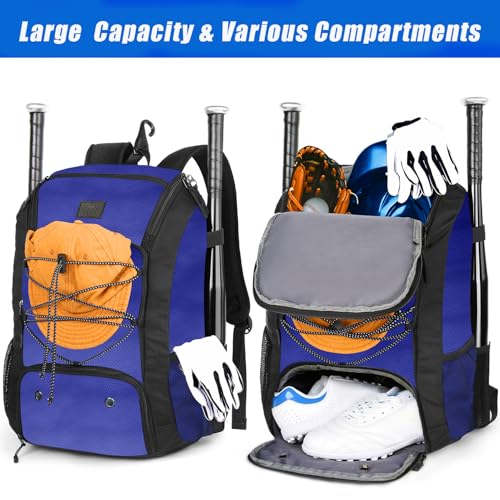 MATEIN Youth Baseball Backpack, Softball Bat Bag with Shoes Compartment | Lightweight Baseball Bag for Boys and Adult, Fence Hook Hold TBall Bat, Batting Mitten, Helmet, Caps, Teeball Gear Equipment - color: Blue, size: 29L