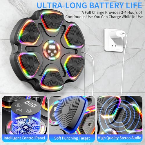Leann L!fe Music Boxing Machine, Bluetooth Wall Mounted Boxing Trainer for Adults & Teens, Strong Adhesive Mount (No Drill), 11 Modes & 9 Speeds, 2 Pairs of Boxing Gloves & Reflex Ball,Colorful Light - color: Black-Colorful Light